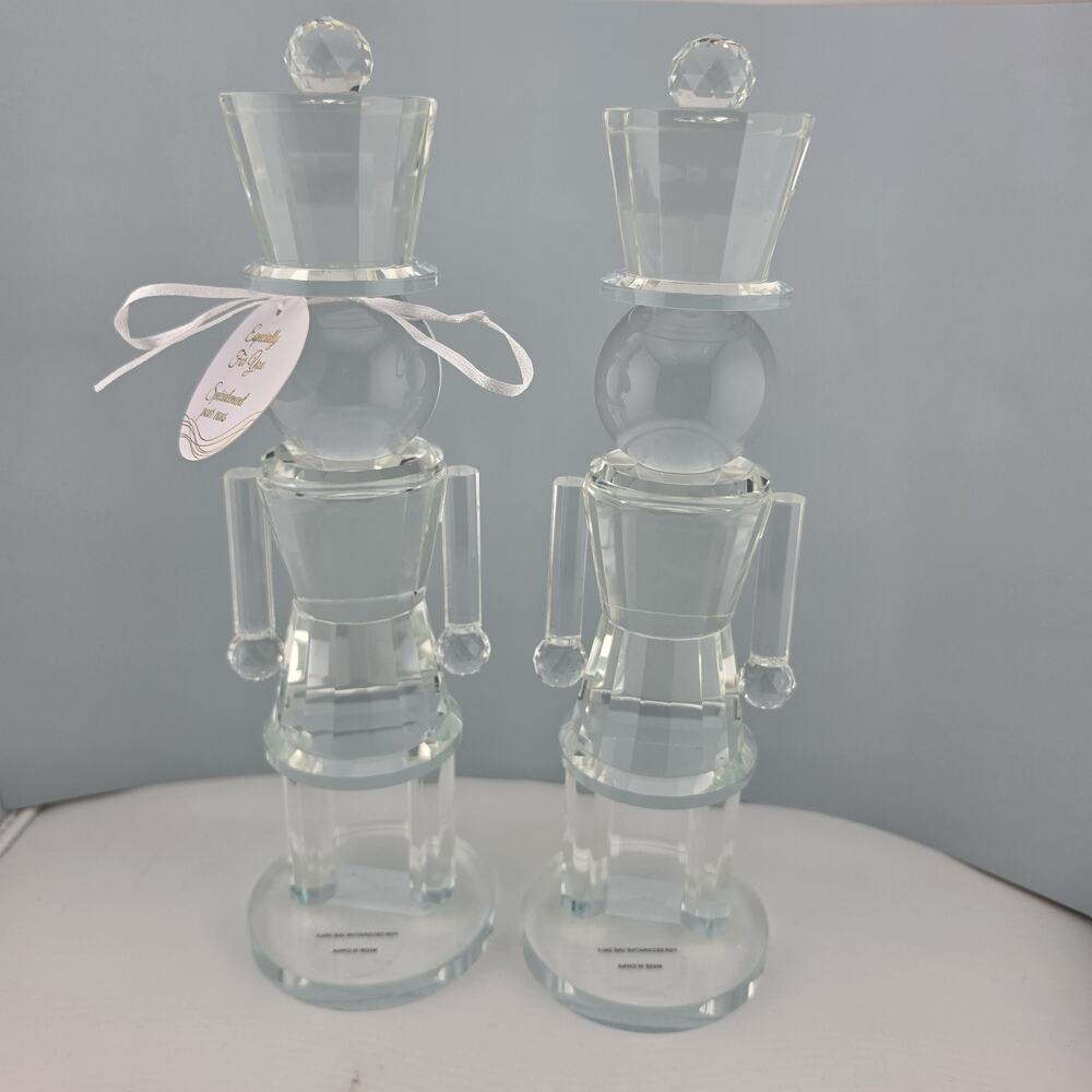 2 Elegant Cut Crystal Glass Nutcracker Figurine Set - Holiday Christmas Decor